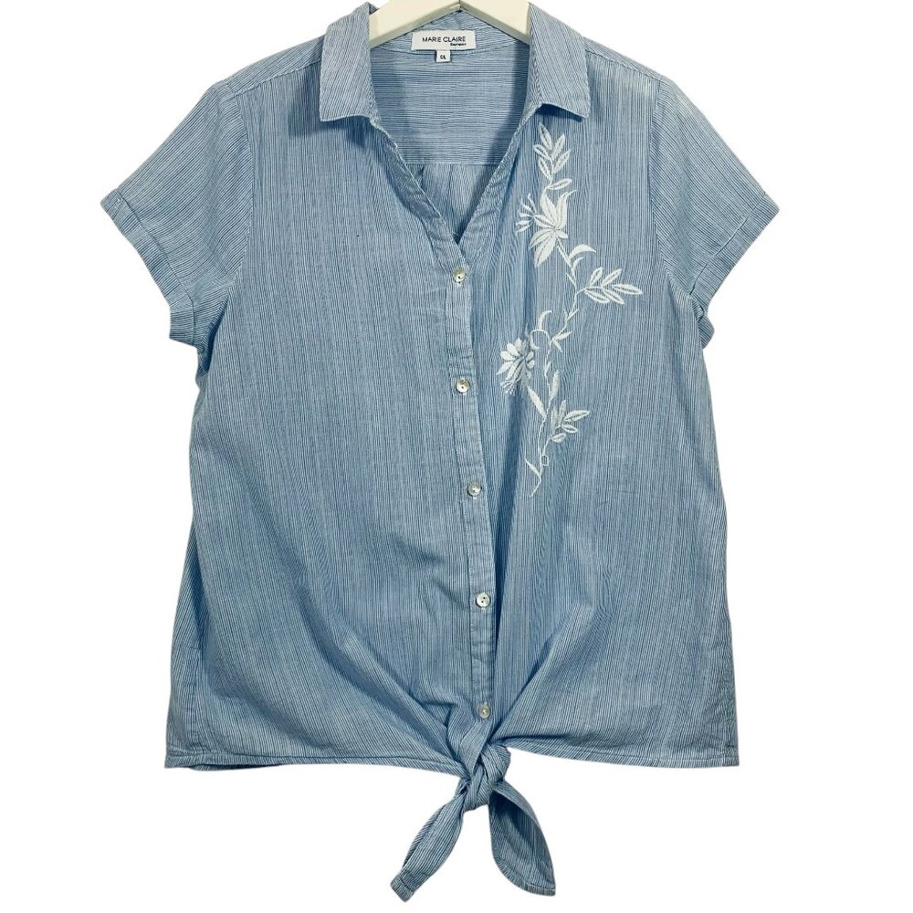 embellished short sleeve woman tie blouse white and blue size large Marie Claire